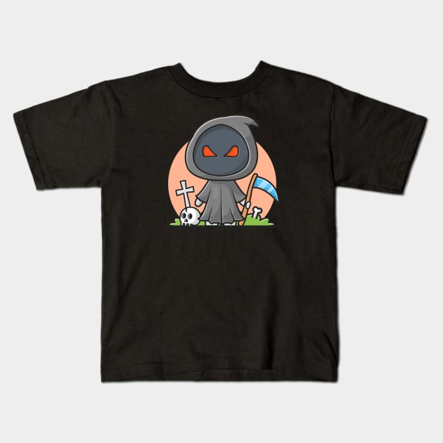 Cute Grim Reaper Holding Scythe Cartoon Vector Icon Illustration Kids T-Shirt by Catalyst Labs